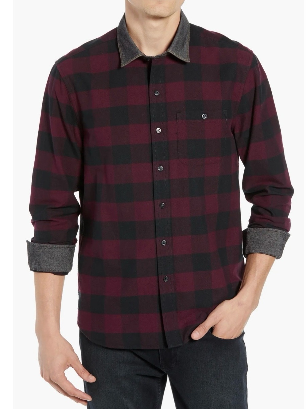 Michael Bastian Burgundy and Black Plaid Button-Down Shirt
